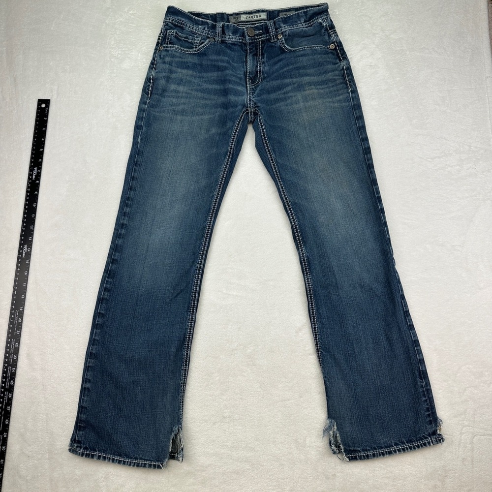 BKE Denim Carter Mens Jeans, Size 31R, Bootcut, Dark Wash, White Stitching
